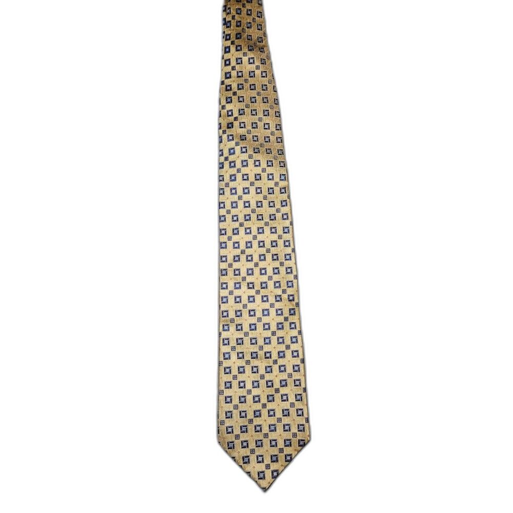 Bruno Piattelli Pure Silk Tie 62" Extra Long XL Gold Blue Geometric Mens Necktie